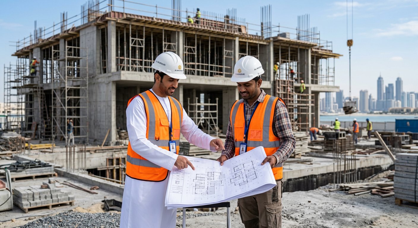Alruqi Almotamiza engineers reviewing drawings on a Dubai site